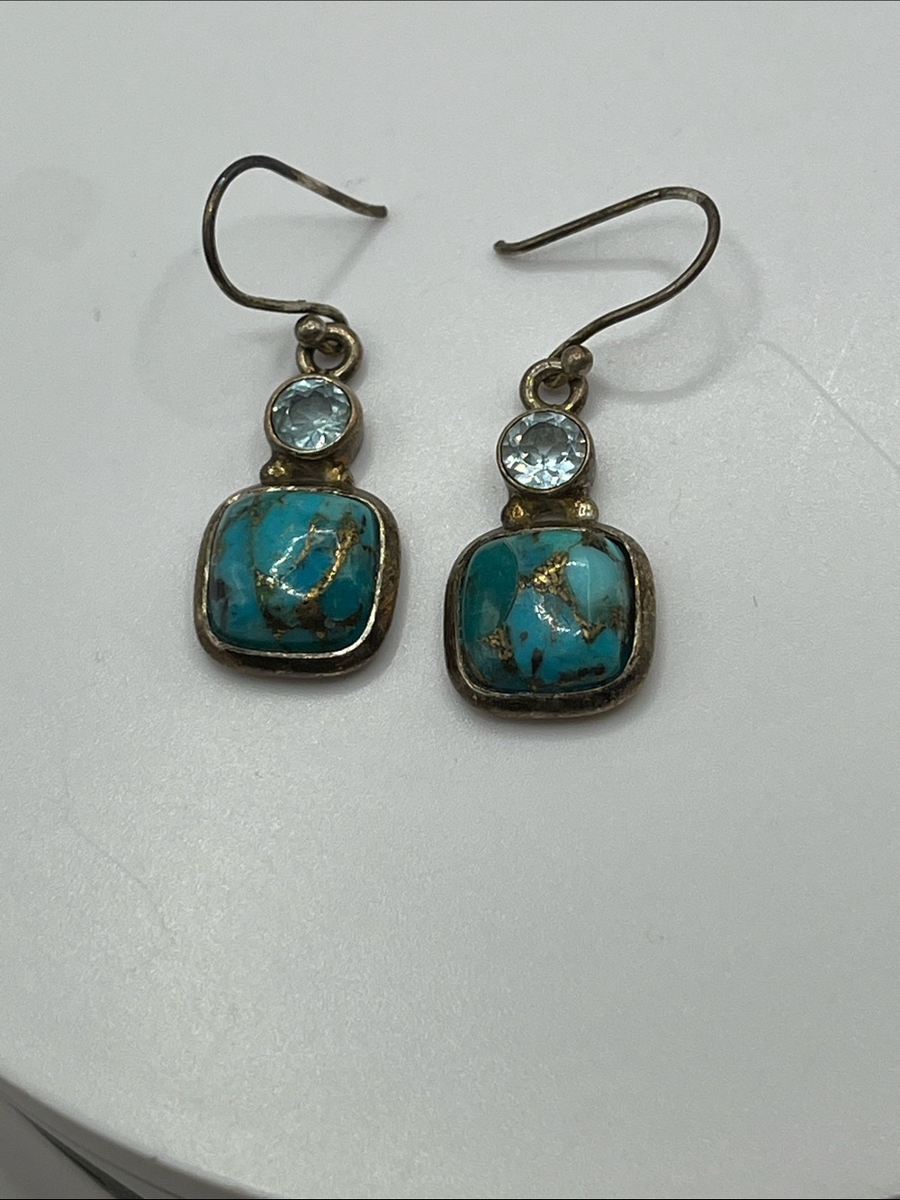 Sterling silver -copper India turquoise - blue topaz dangle earrings